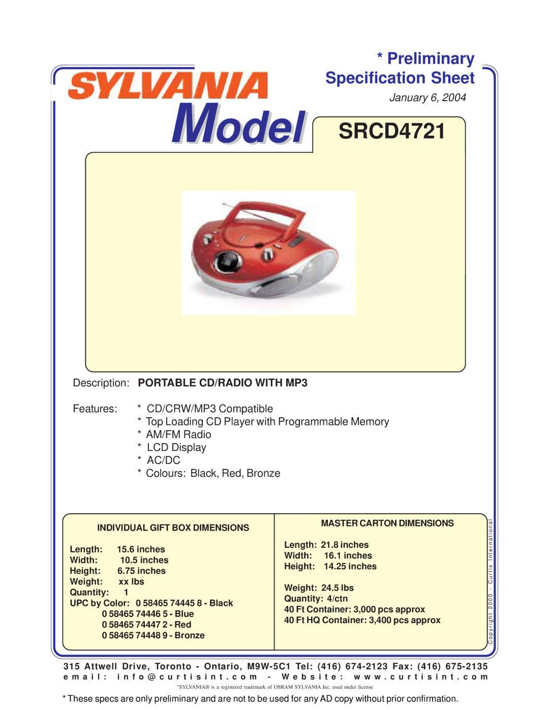 Sylvania specifications Model SRCD4721, Description Portable CD/RADIO with MP3, Ac/Dc, Colours Black, Red, Bronze 