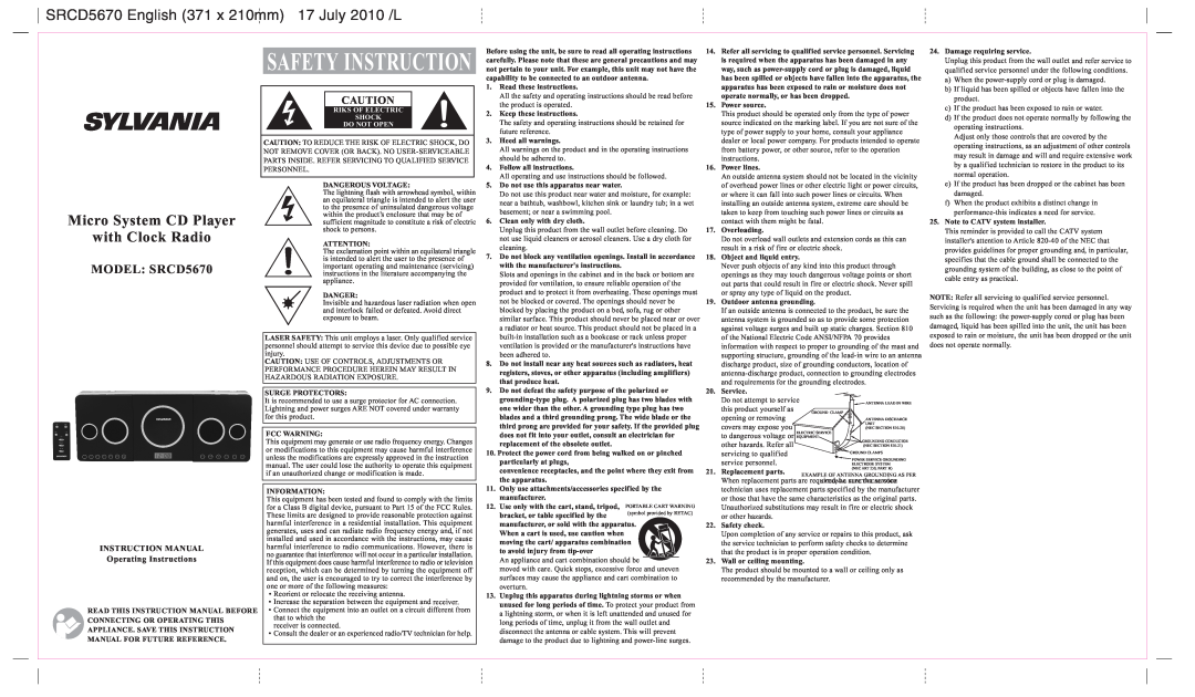 Sylvania instruction manual SRCD5670 English 371 x 210mm 17 July 2010 /L, Safety Instruction, MODEL SRCD5670, Shock 