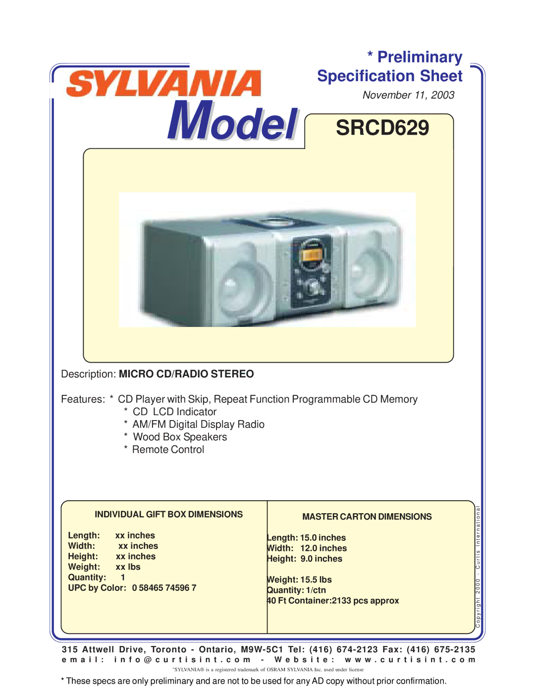 Sylvania specifications Model SRCD629, Description Micro CD/RADIO Stereo 