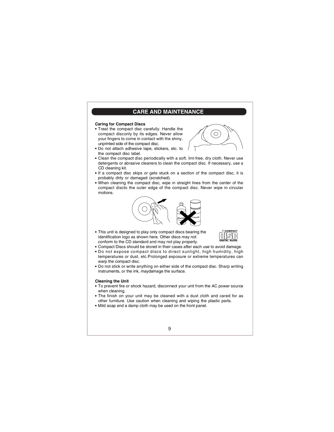 Sylvania SRCD668 owner manual Care and Maintenance, Caring for Compact Discs 