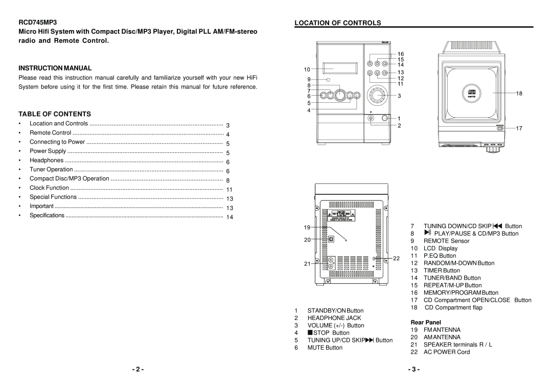 Sylvania SRCD745MP3 manual Table Of Contents, Location Of Controls, Rear Panel 