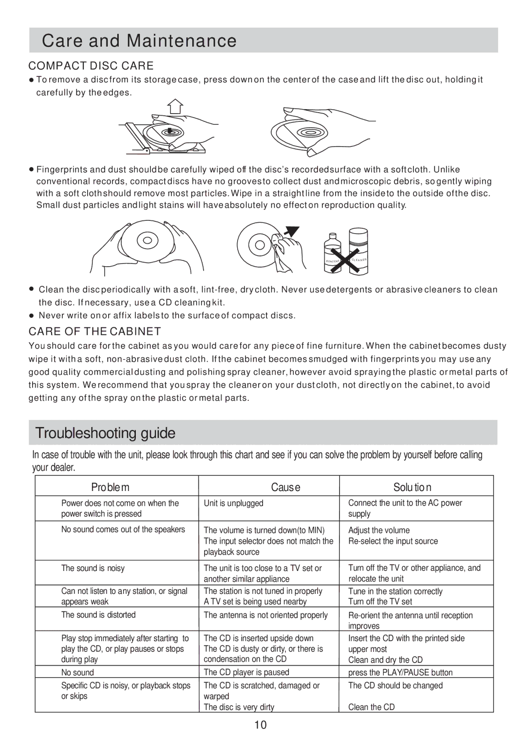 Sylvania SRCD817 manual Care and Maintenance, Troubleshooting guide 