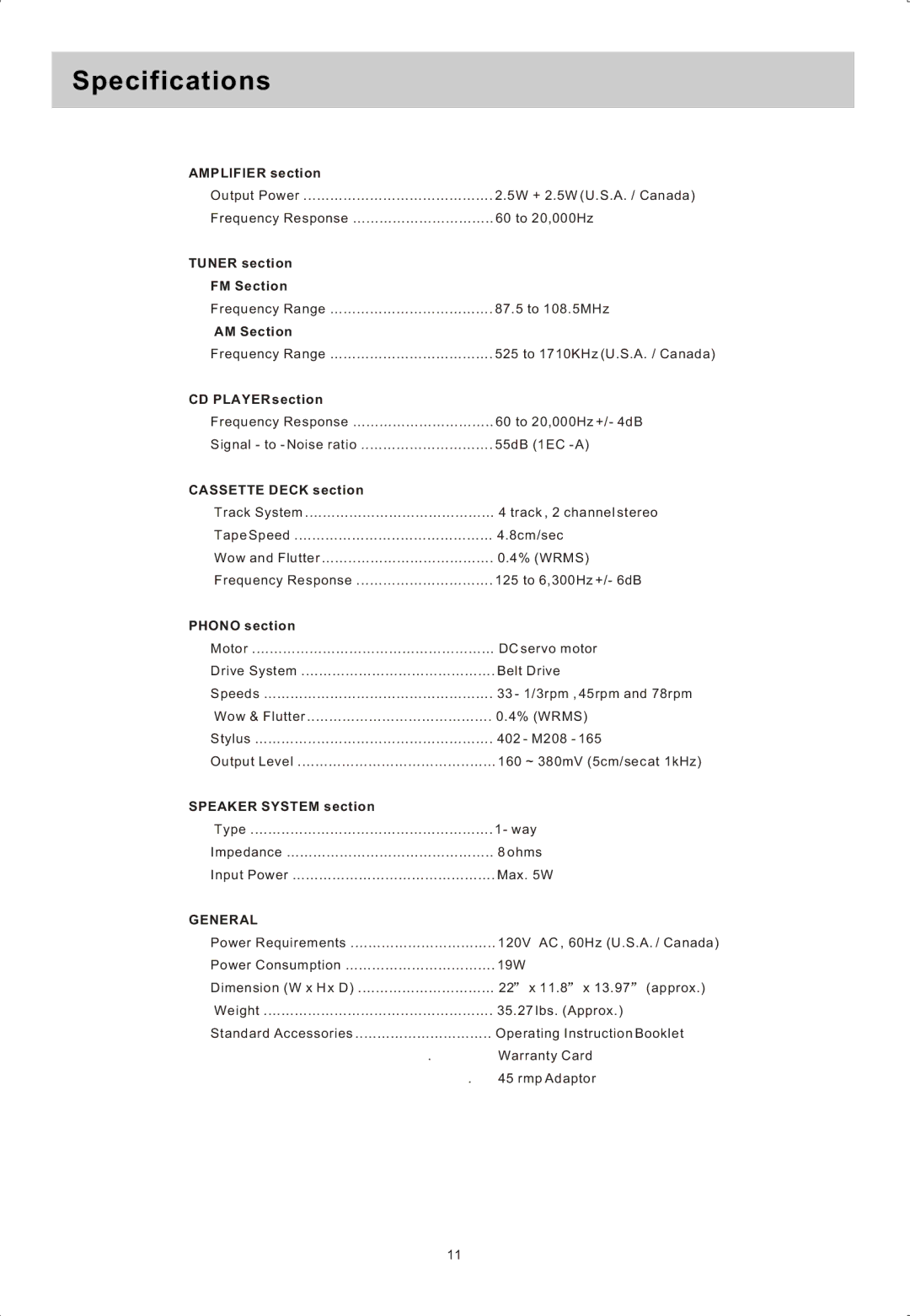 Sylvania SRCD822 manual Specifications 