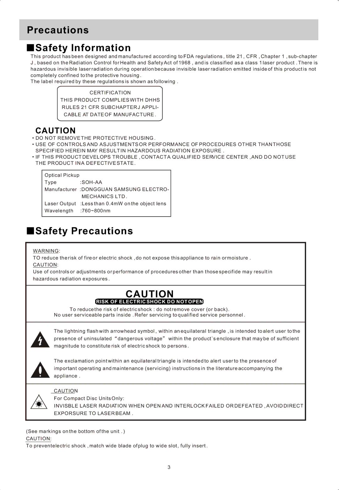 Sylvania SRCD822 manual Precautions Safety Information, Safety Precautions, Soh-Aa 