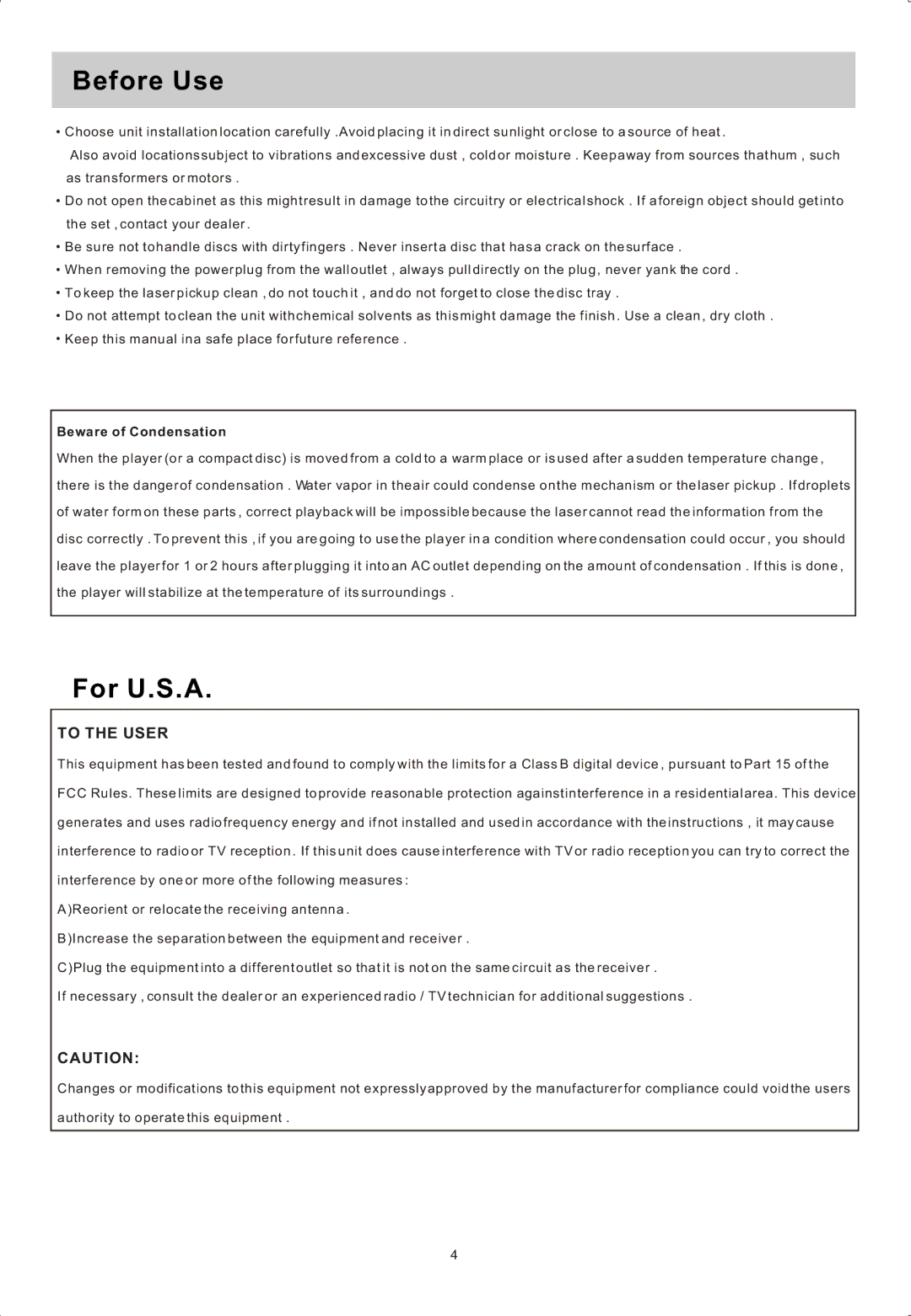 Sylvania SRCD822 manual Before Use, For U.S.A, Beware of Condensation 