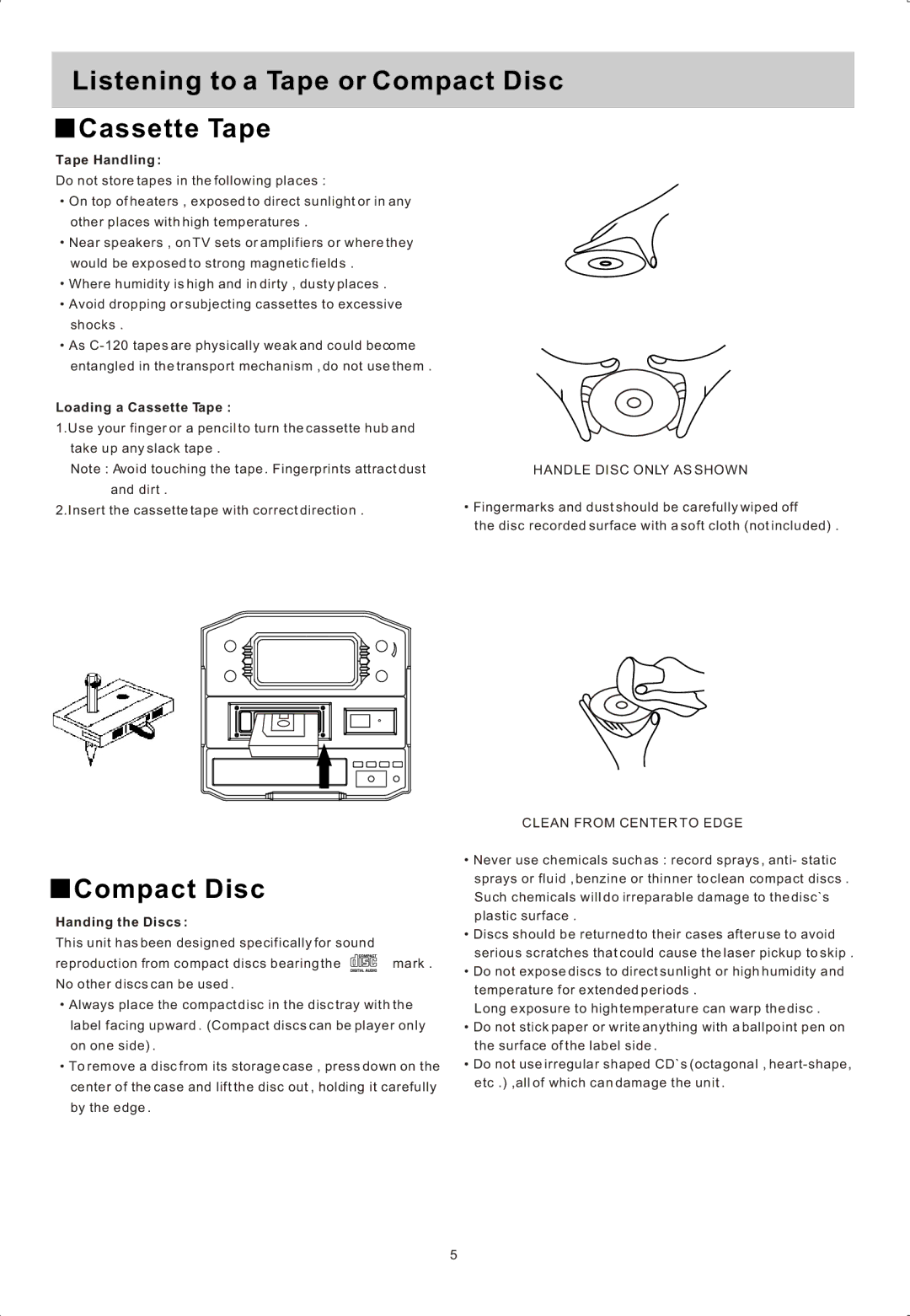 Sylvania SRCD822 manual Listening to a Tape or Compact Disc Cassette Tape, Tape Handling, Loading a Cassette Tape 