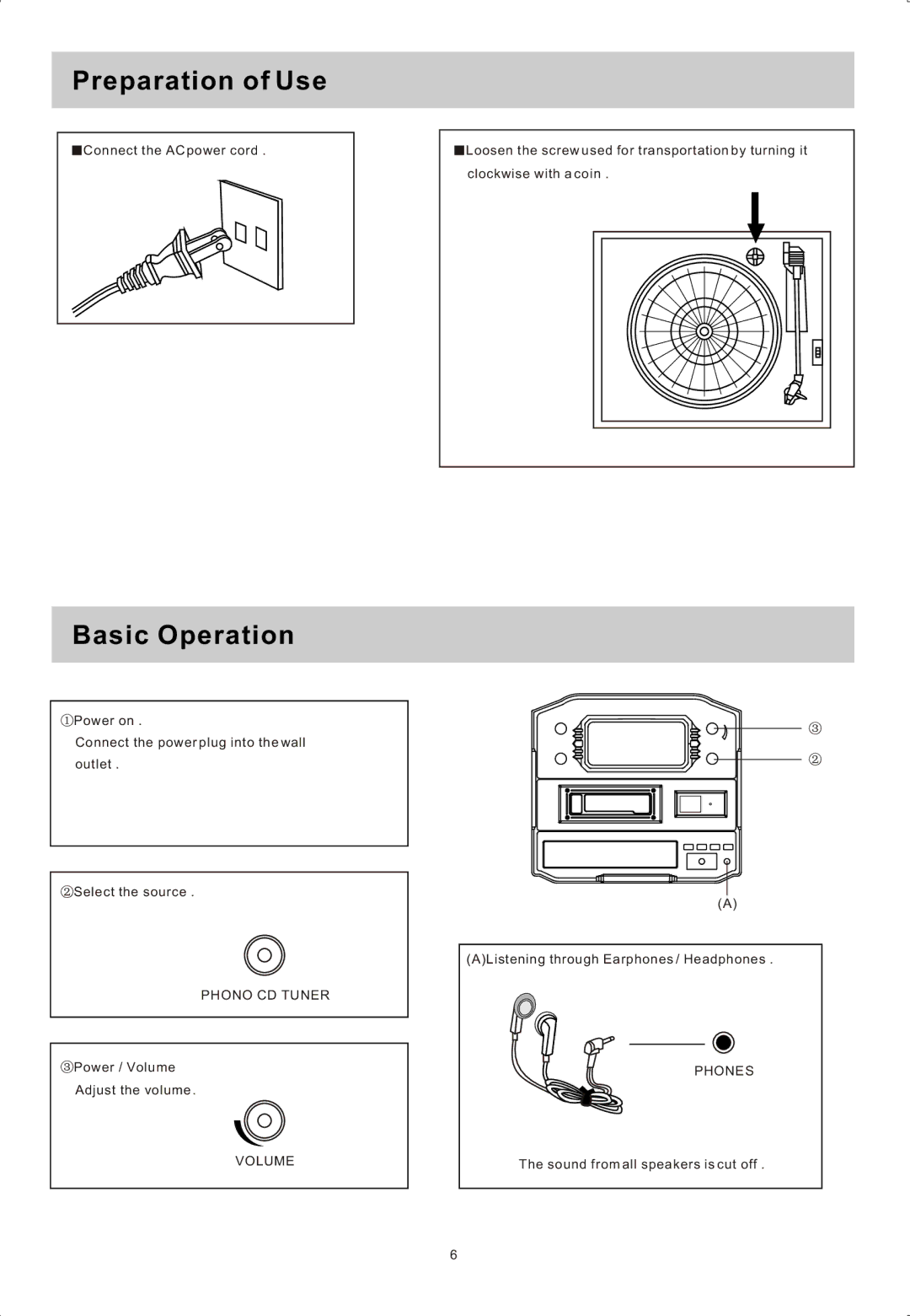 Sylvania SRCD822 manual Preparation of Use, Basic Operation, Phono CD Tuner, Volume, Phones 