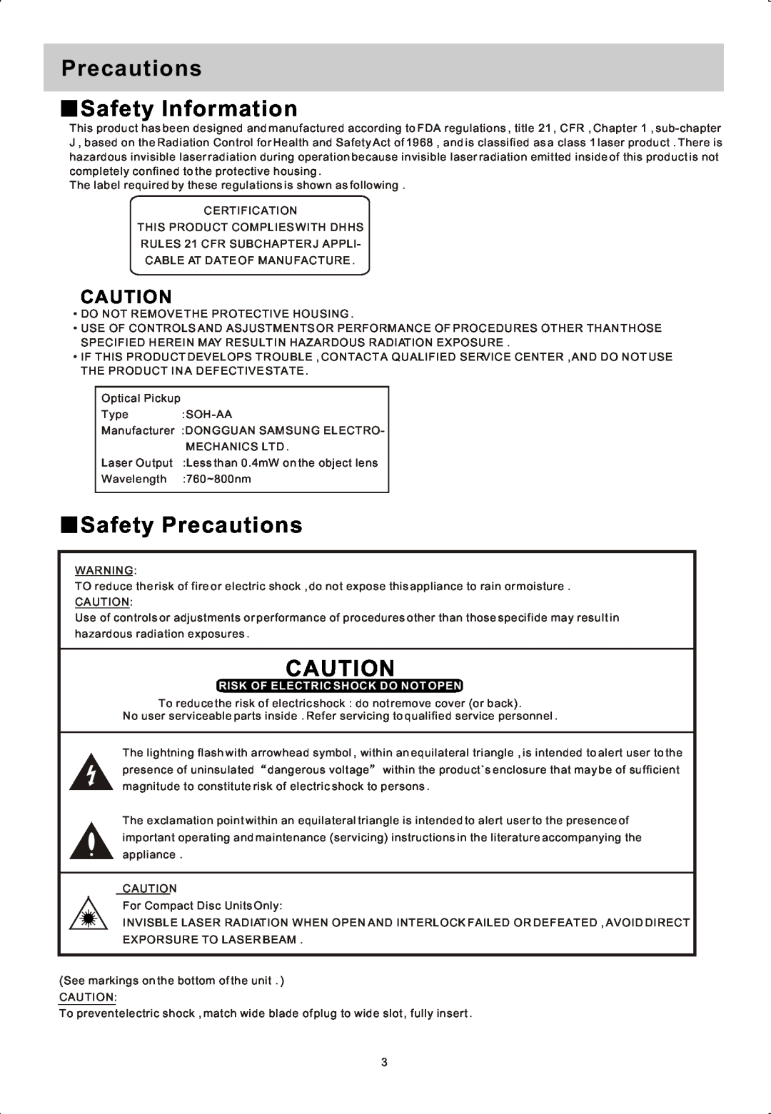 Sylvania SRCD822 manual Precautions Safety Information, Safety Precautions, Risk Of Electric Shock Do Not Open 