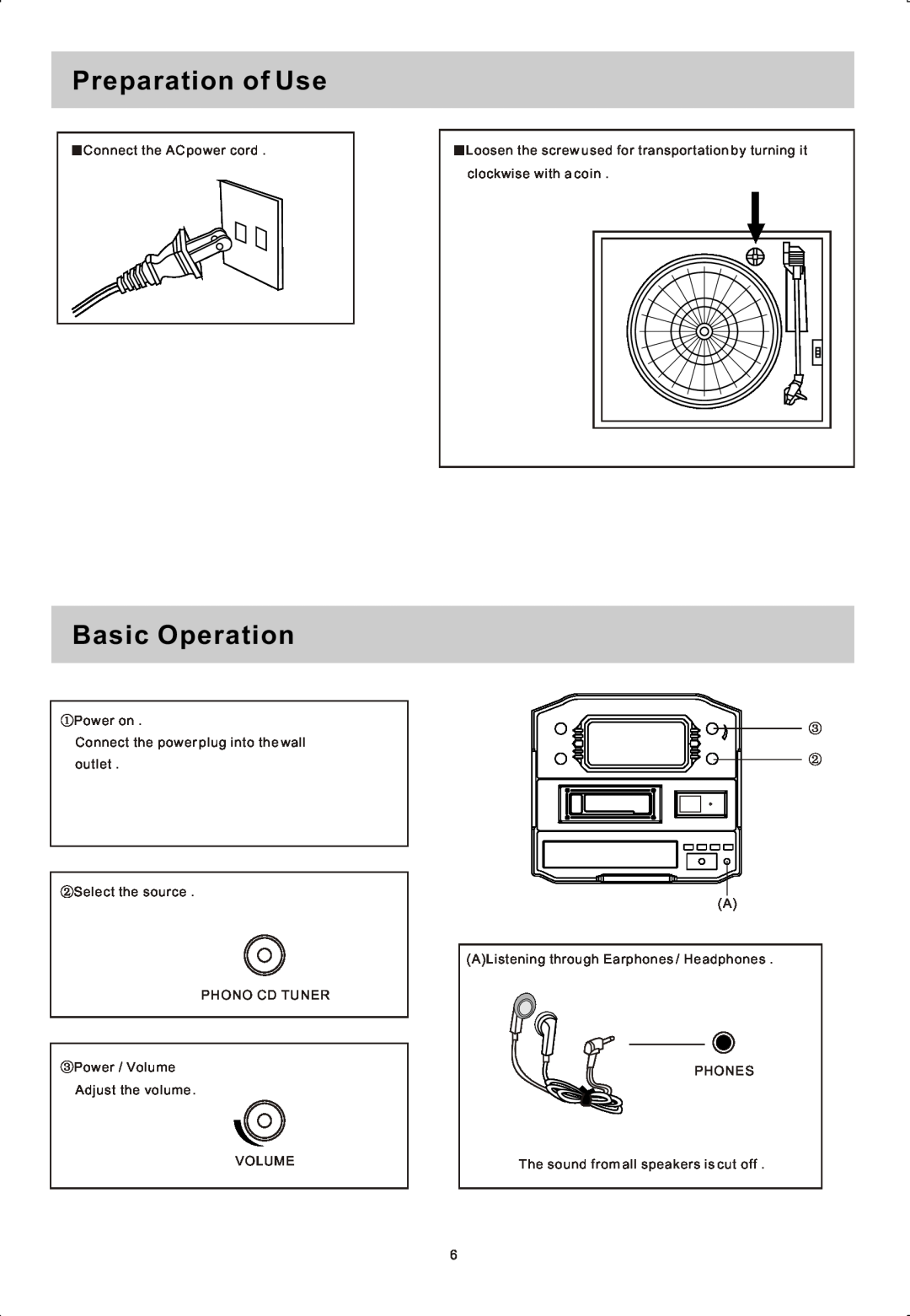 Sylvania SRCD822 manual Preparation of Use, Basic Operation, Connect the AC power cord, Power on, Adjust the volume VOLUME 