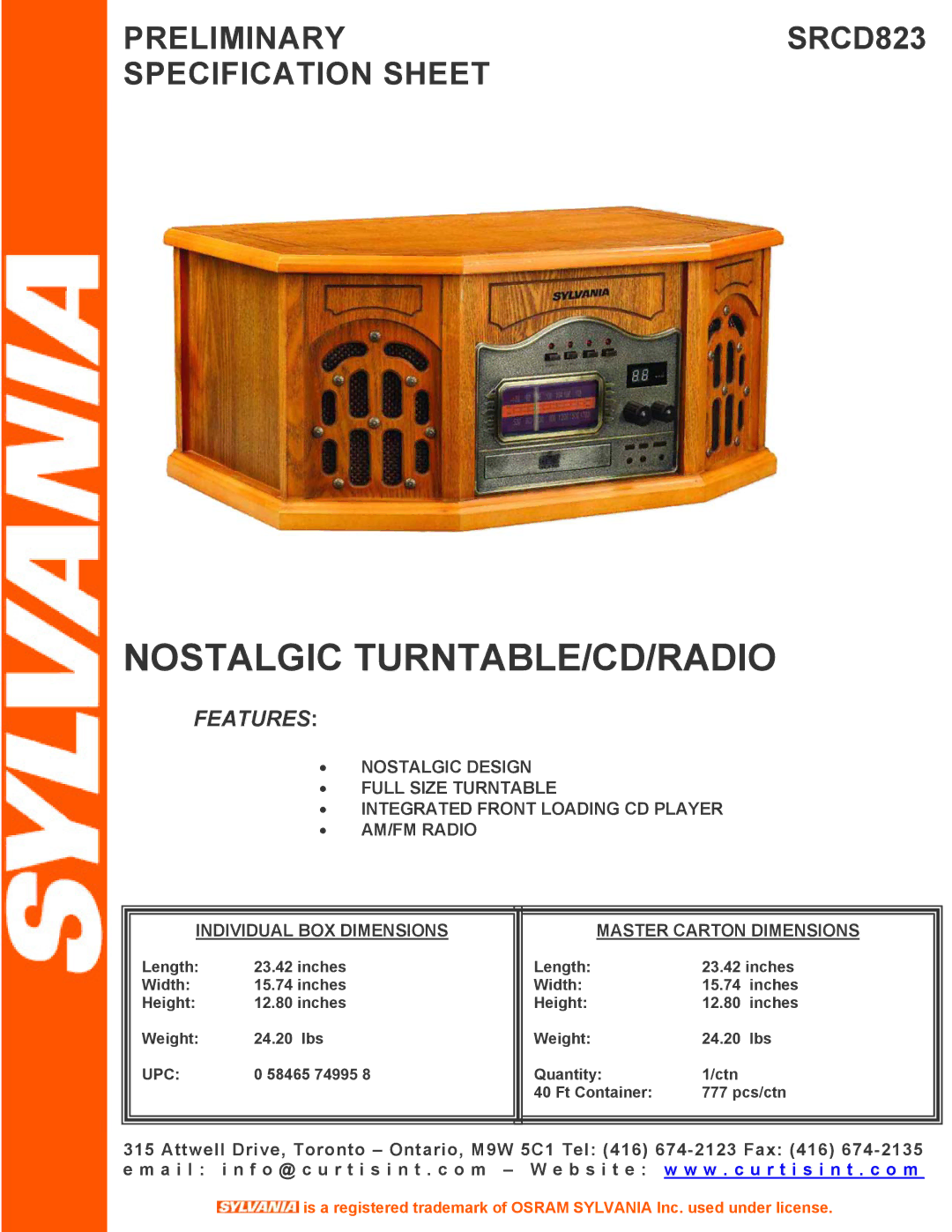 Sylvania SRCD823 specifications Nostalgic TURNTABLE/CD/RADIO, Features 