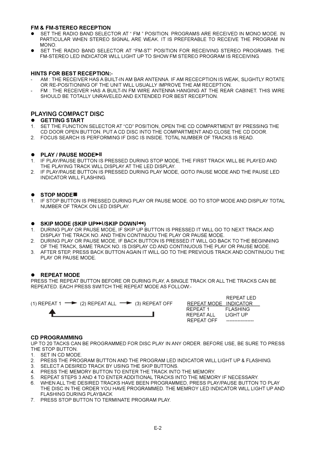 Sylvania SRCD824 Playing Compact Disc, FM & FM-STEREO Reception, Hints for Best Reception, CD Programming 