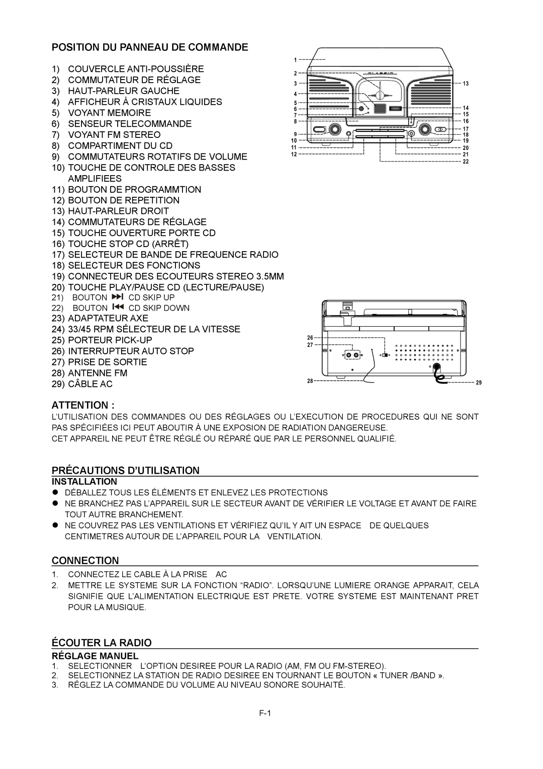 Sylvania SRCD824 Position DU Panneau DE Commande, Précautions D’UTILISATION, Écouter LA Radio, Réglage Manuel 