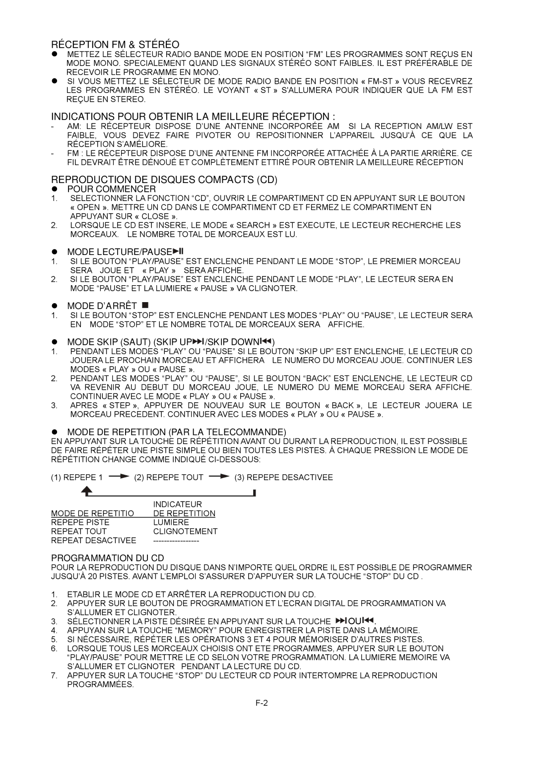 Sylvania SRCD824 Réception FM & Stéréo, Indications Pour Obtenir LA Meilleure Réception, Programmation DU CD 