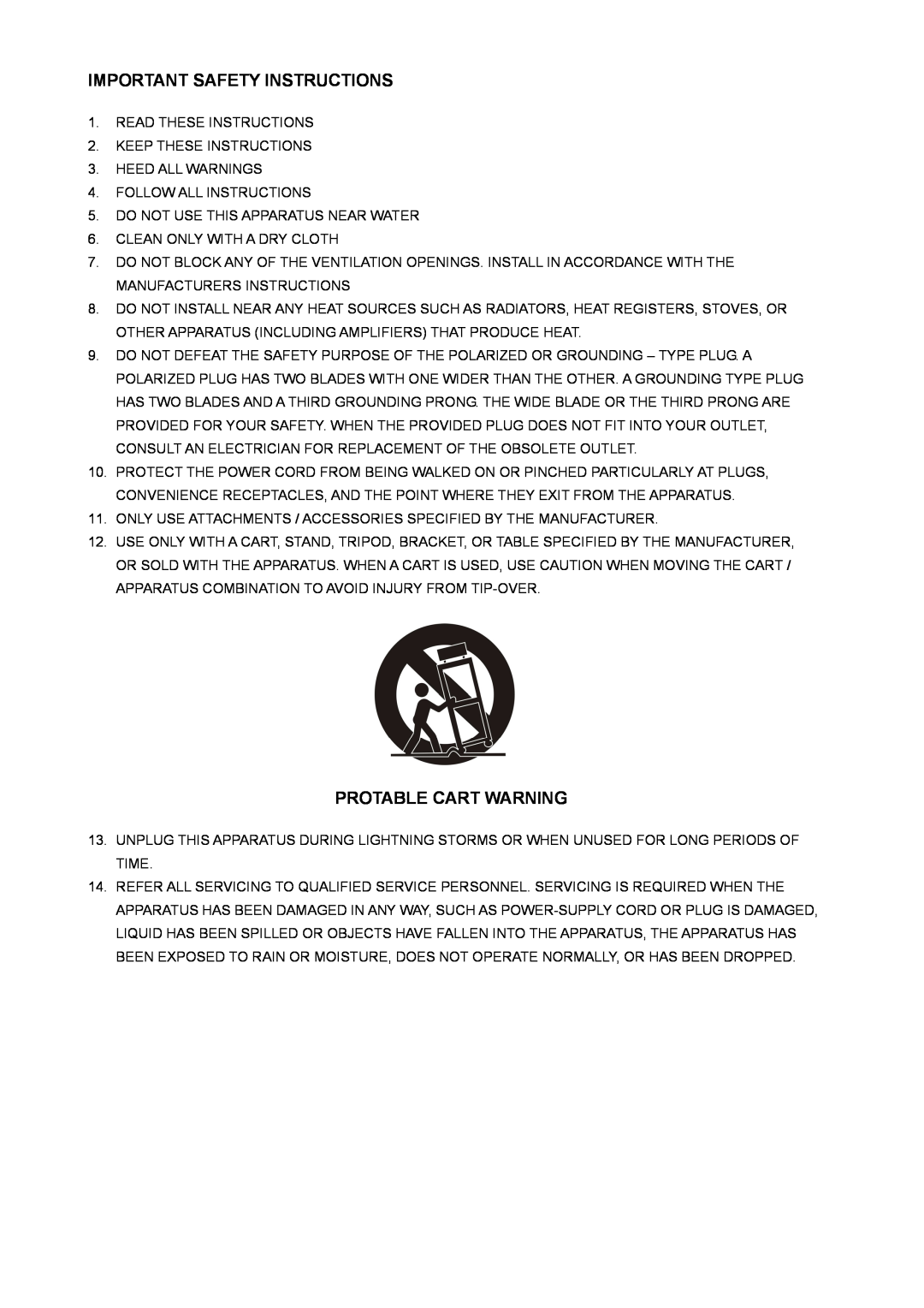Sylvania SRCD824 instruction manual Important Safety Instructions, Protable Cart Warning 