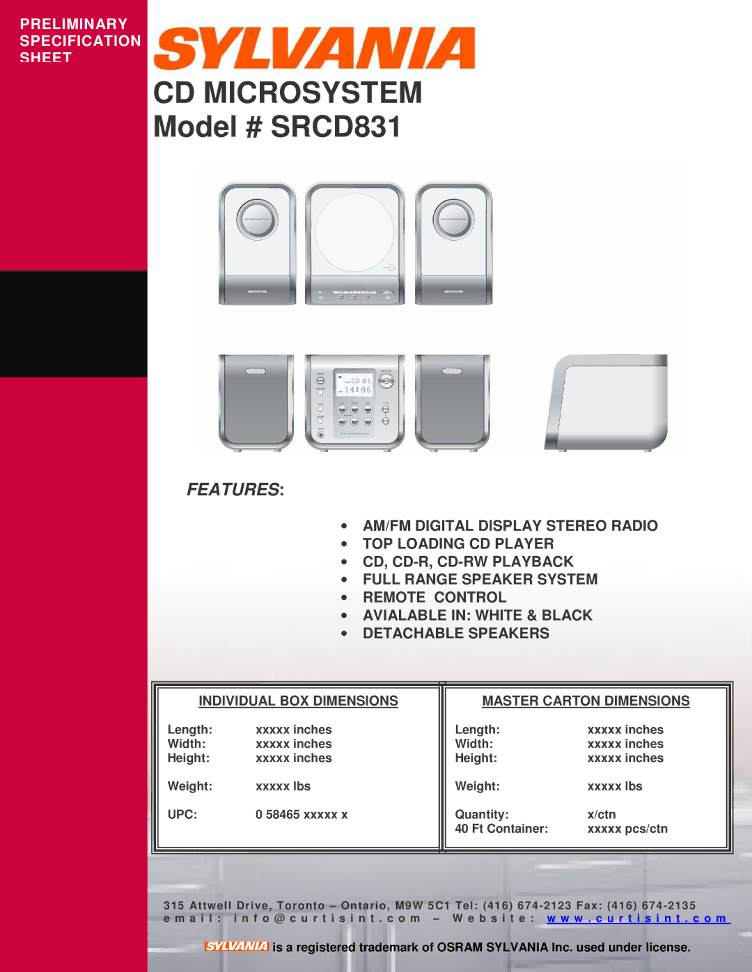 Sylvania specifications CD Microsystem, Model # SRCD831, Features, Individual BOX Dimensions Master Carton Dimensions 