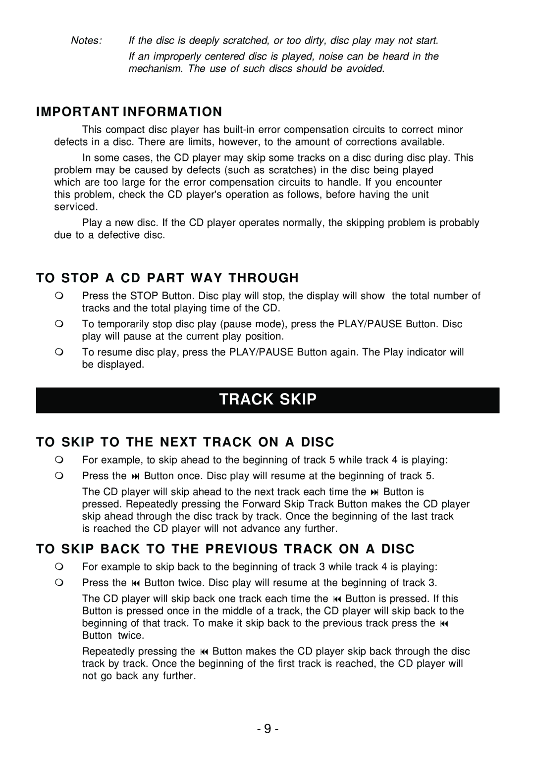 Sylvania SRCD858 Track Skip, Important Information, To Stop a CD Part WAY Through, To Skip to the Next Track on a Disc 