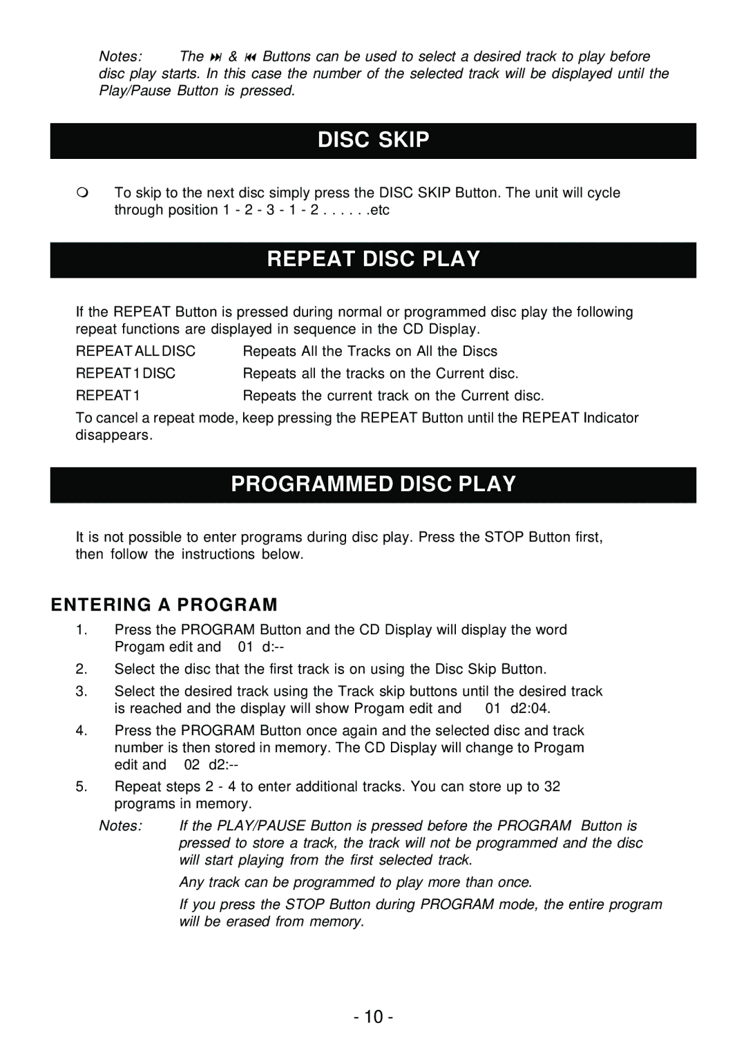 Sylvania SRCD858 instruction manual Disc Skip, Repeat Disc Play, Programmed Disc Play, Entering a Program 