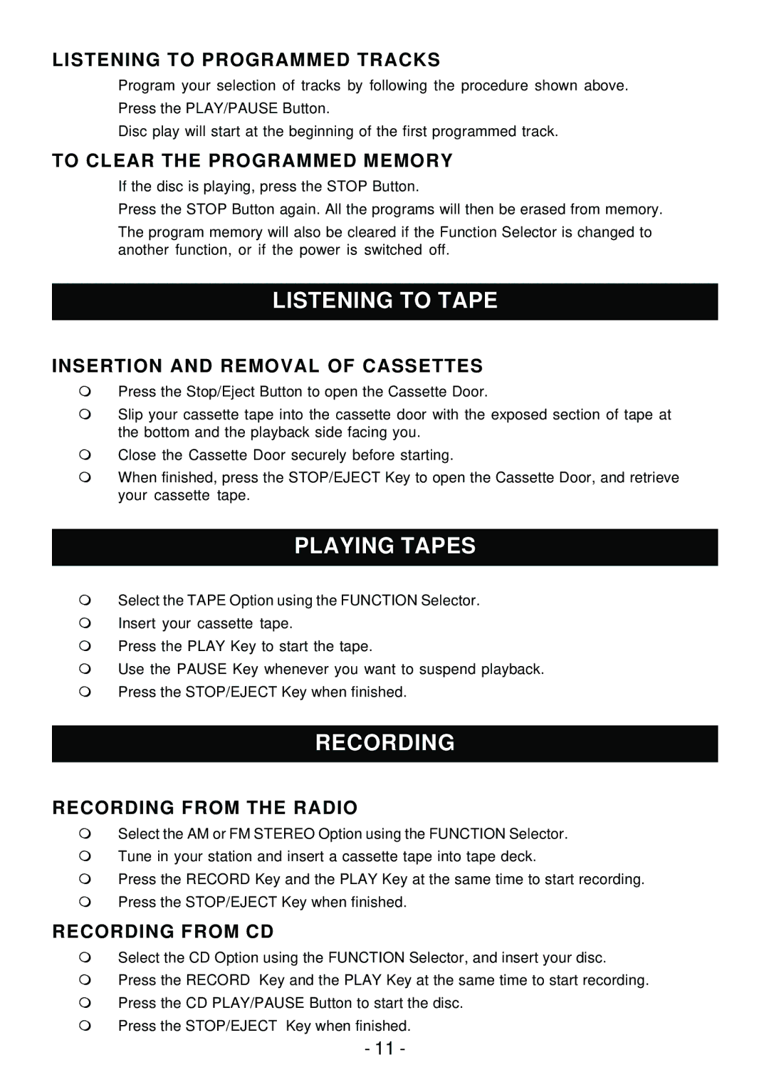 Sylvania SRCD858 instruction manual Listening to Tape, Playing Tapes, Recording 