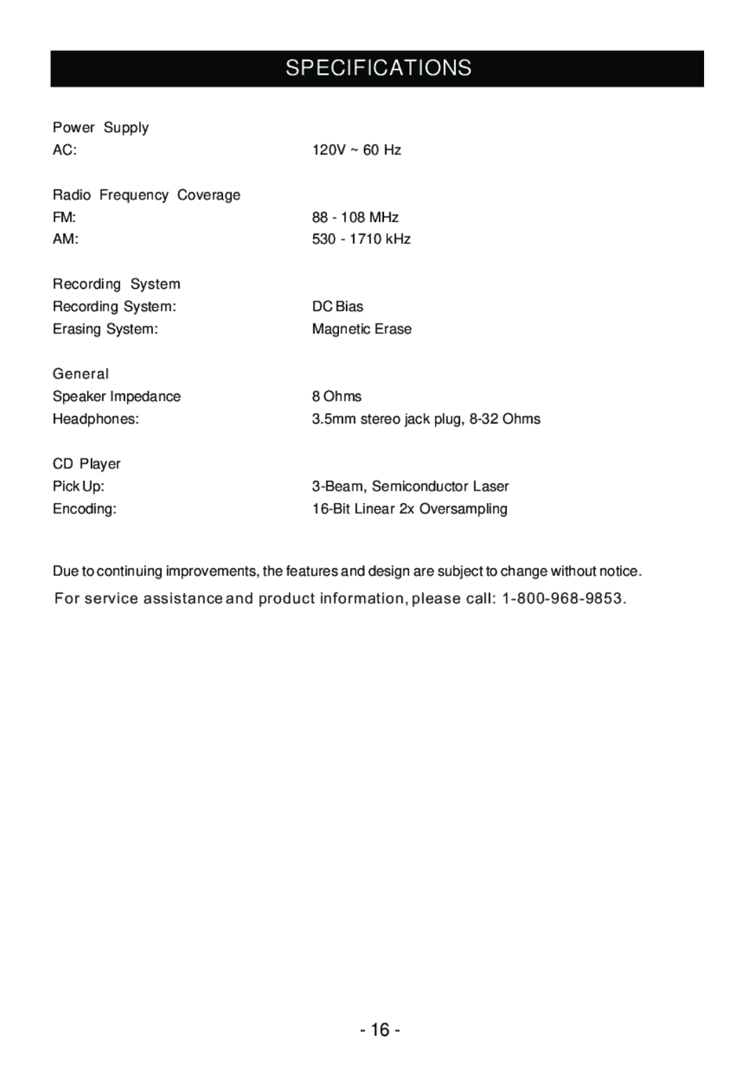 Sylvania SRCD858 instruction manual Specifications, CD Player 