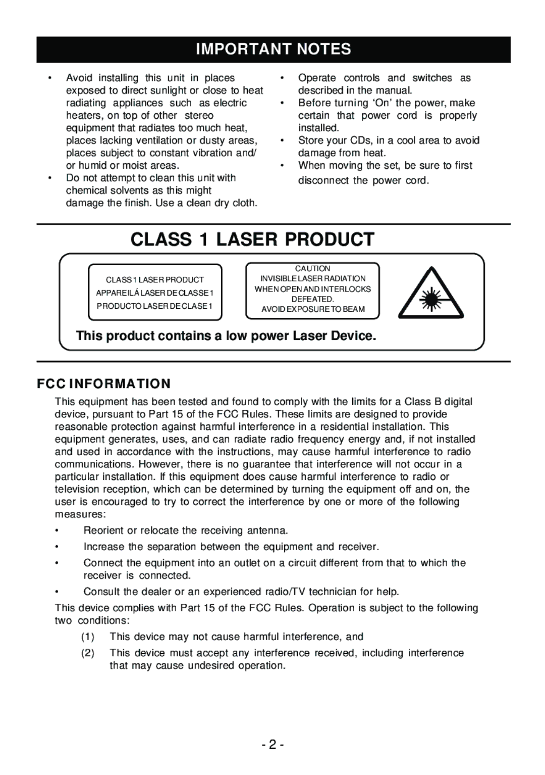 Sylvania SRCD858 instruction manual Important Notes, FCC Information 