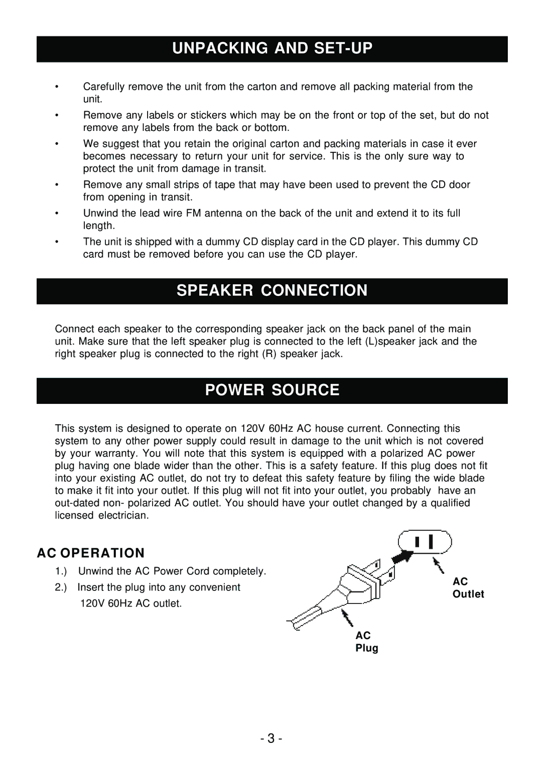 Sylvania SRCD858 instruction manual Unpacking and SET-UP, Speaker Connection, Power Source, AC Operation 