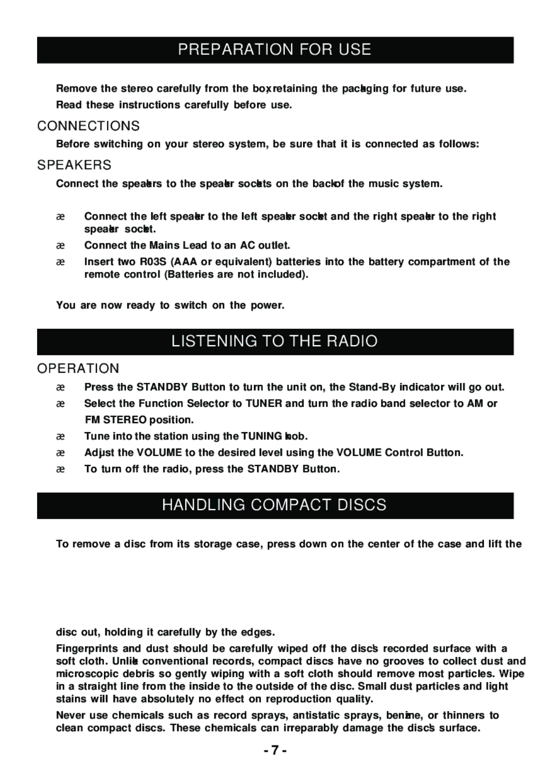 Sylvania SRCD858 instruction manual Preparation for USE, Listening to the Radio, Handling Compact Discs 