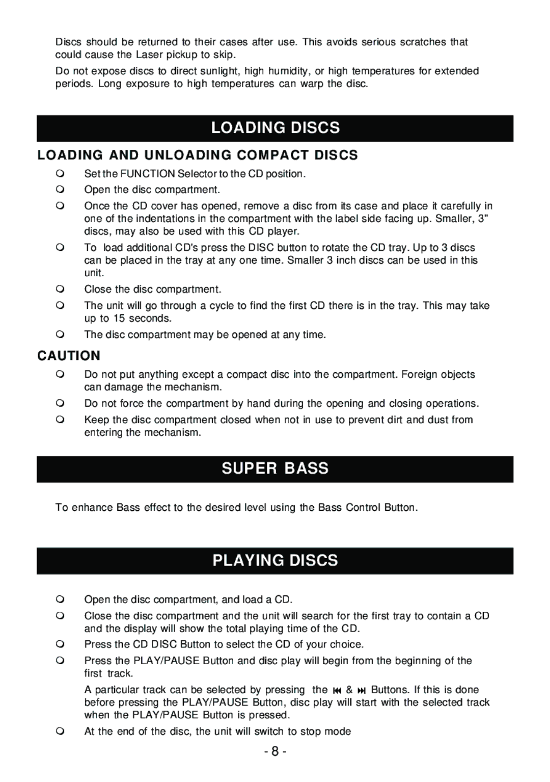 Sylvania SRCD858 instruction manual Loading Discs, Super Bass, Playing Discs, Loading and Unloading Compact Discs 