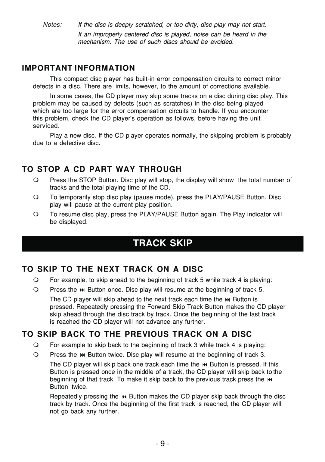 Sylvania SRCD858 Track Skip, Important Information, To Stop A Cd Part Way Through, To Skip To The Next Track On A Disc 