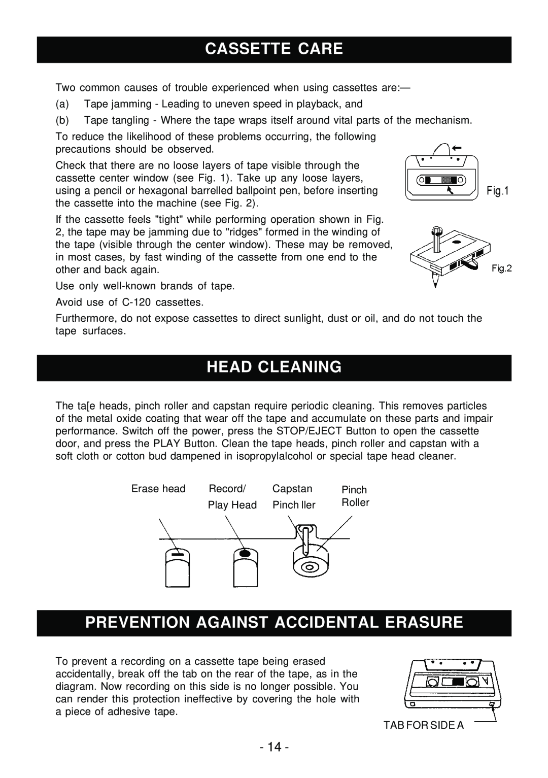 Sylvania SRCD858 instruction manual Cassette Care, Head Cleaning, Prevention Against Accidental Erasure 