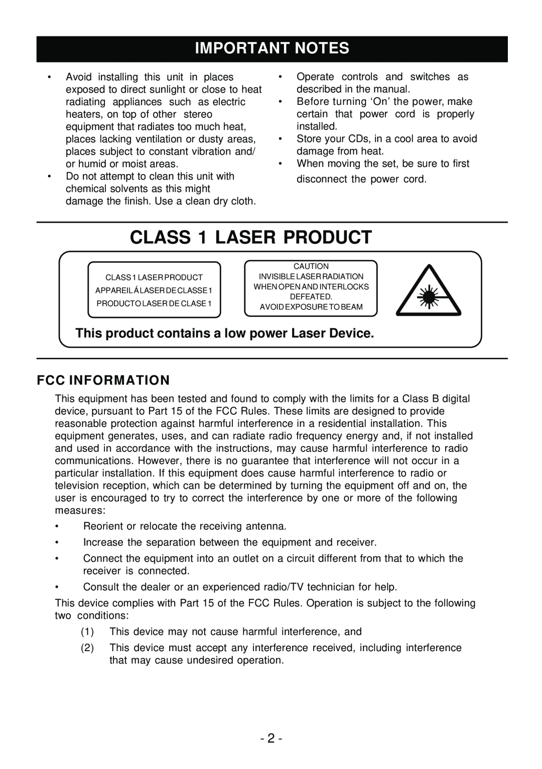 Sylvania SRCD858 Important Notes, This product contains a low power Laser Device, Fcc Information, CLASS 1 LASER PRODUCT 