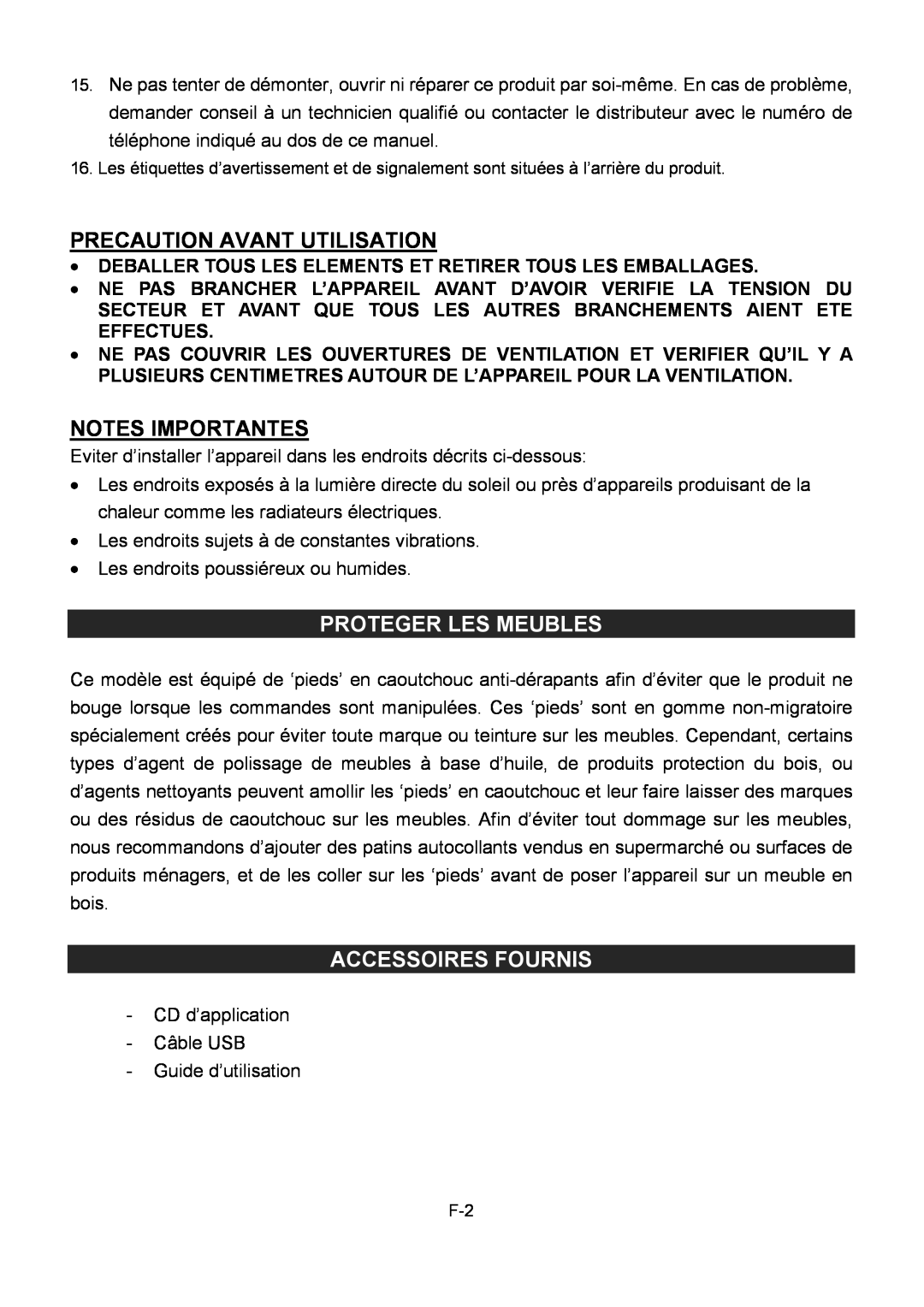 Sylvania SRCD872 Proteger Les Meubles, Accessoires Fournis, Precaution Avant Utilisation, Notes Importantes 