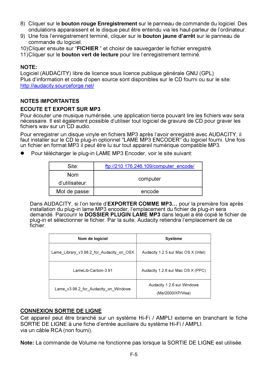 Sylvania SRCD872 instruction manual Ecoute ET Export SUR MP3, Connexion Sortie DE Ligne 