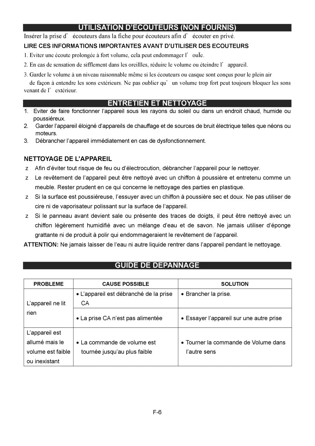 Sylvania SRCD872 Utilisation D’ECOUTEURS NON Fournis, Entretien ET Nettoyage, Guide DE Depannage, Nettoyage DE L’APPAREIL 