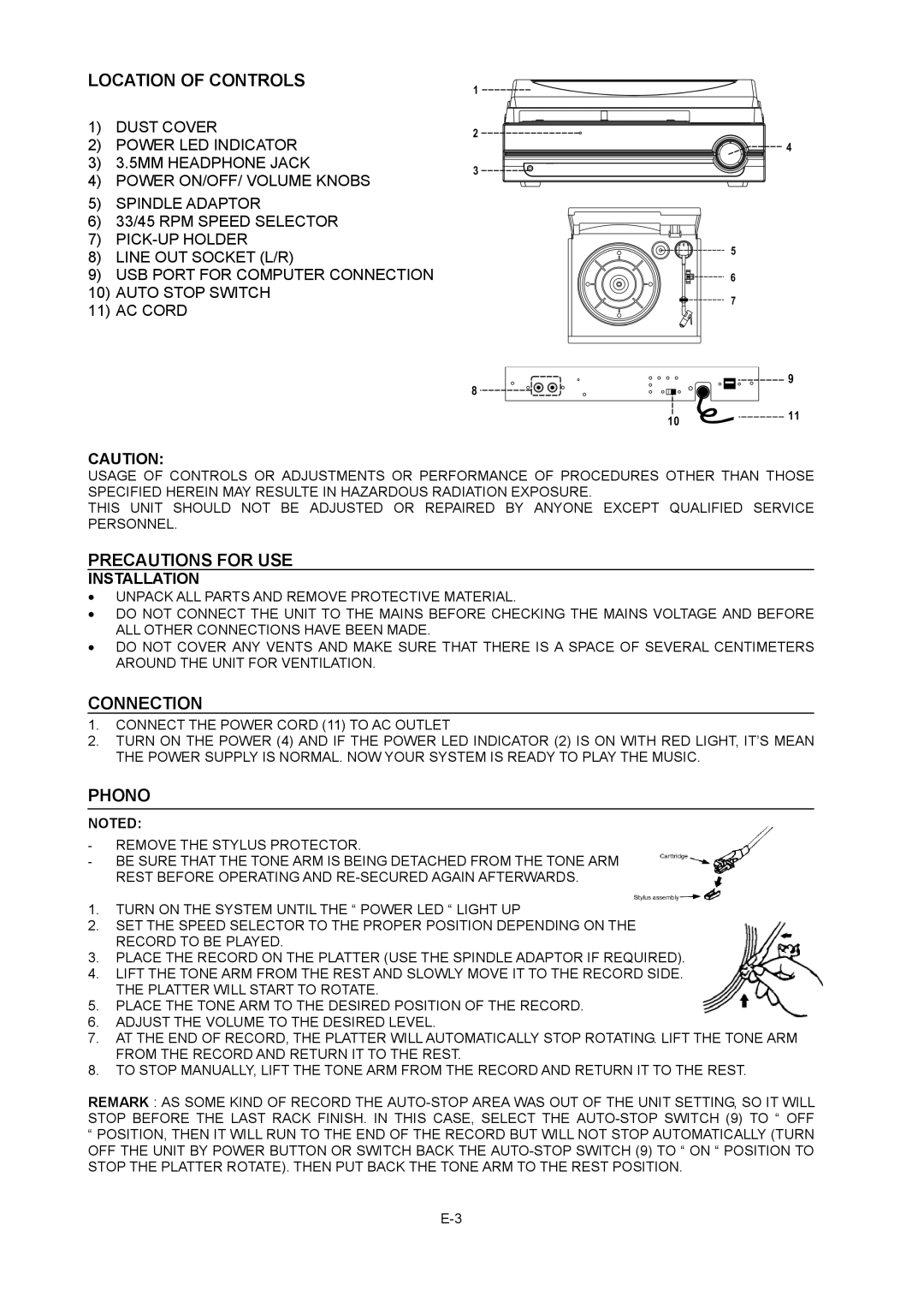 Sylvania SRCD872 instruction manual Location of Controls, Precautions for USE, Connection, Phono 