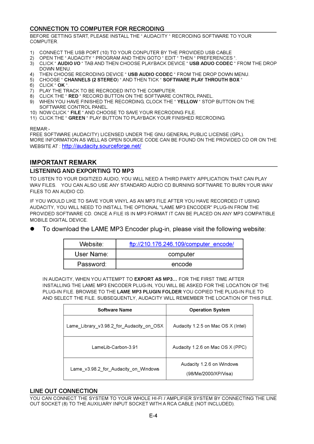 Sylvania SRCD872 instruction manual Important Remark, Connection to Computer for Recroding, Listening and Exporting to MP3 