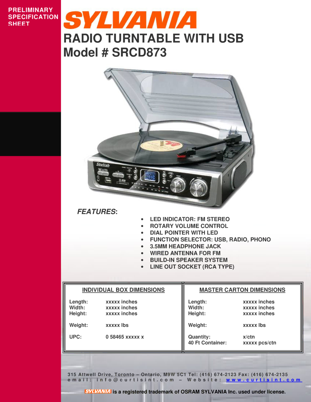 Sylvania specifications Radio Turntable with USB, Model # SRCD873, Features, Upc 