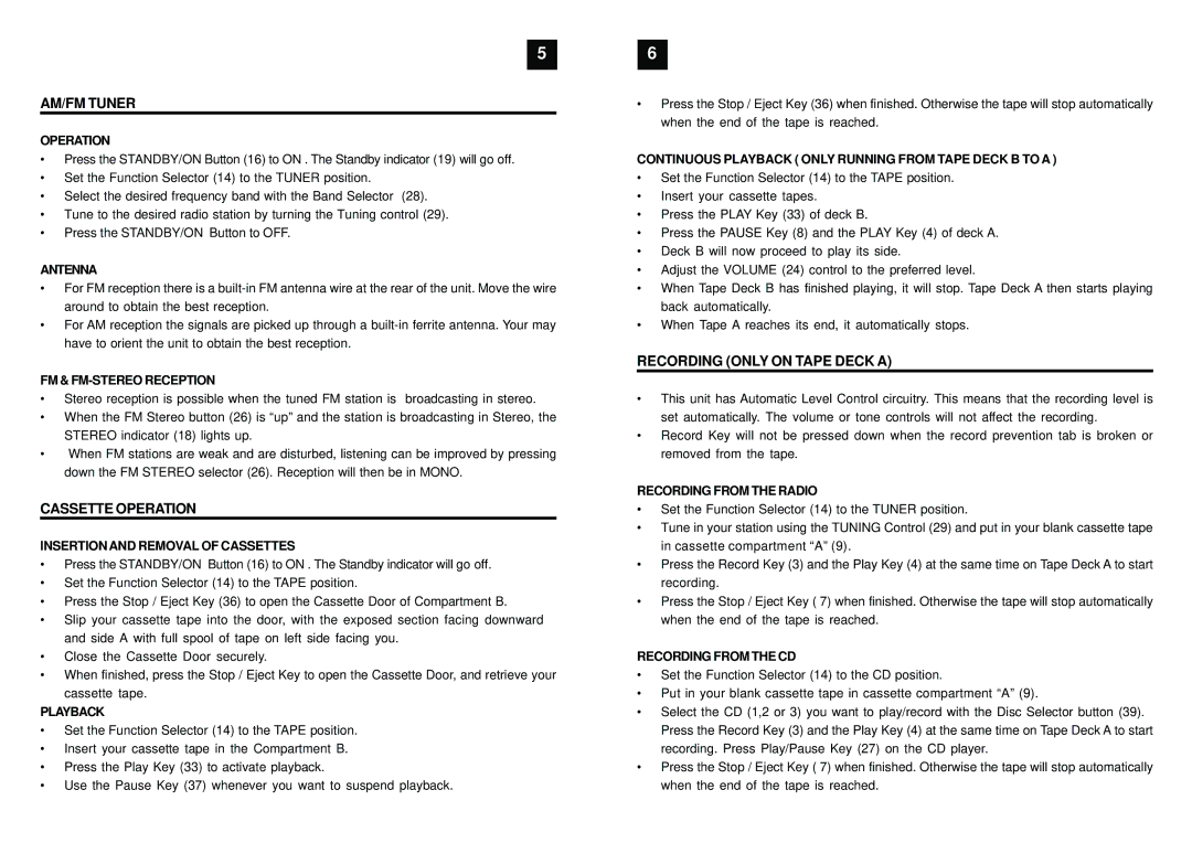 Sylvania SRCD904 manual AM/FM Tuner, Cassette Operation, Recording only on Tape Deck a 
