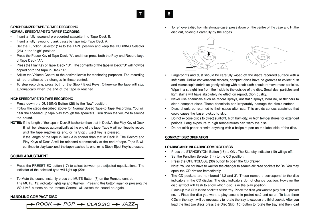 Sylvania SRCD904 manual Sound Adjustment, Handling Compact Disc, High Speed TAPE-TO-TAPE Recording 
