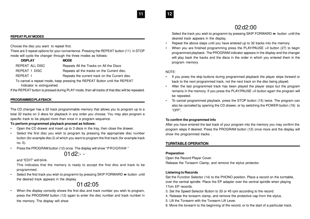 Sylvania SRCD904 manual Turntable Operation, Repeat Play Modes, Display Mode, Programmedplayback 