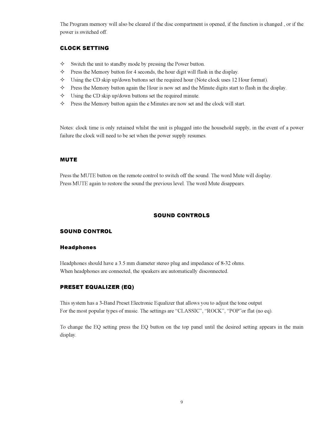 Sylvania SRCD909 instruction manual Clock Setting, Mute, Sound Controls, Preset Equalizer EQ 