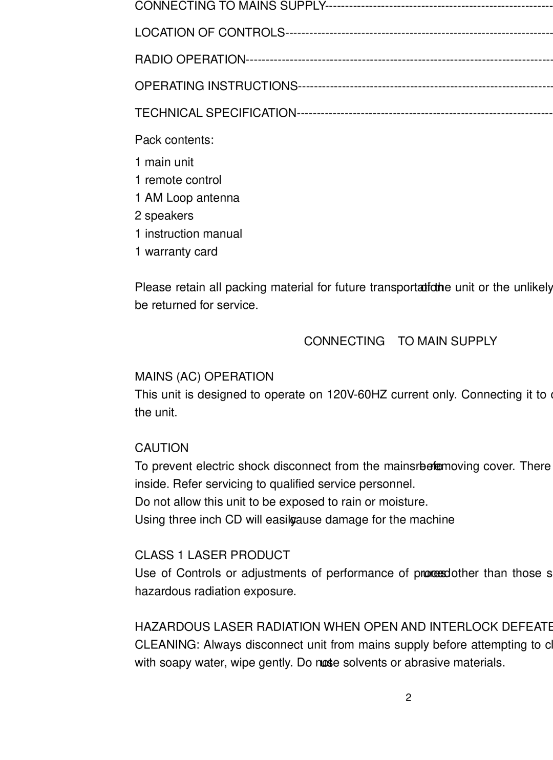 Sylvania SRCD909 instruction manual Table of Contents, Connecting to Main Supply 