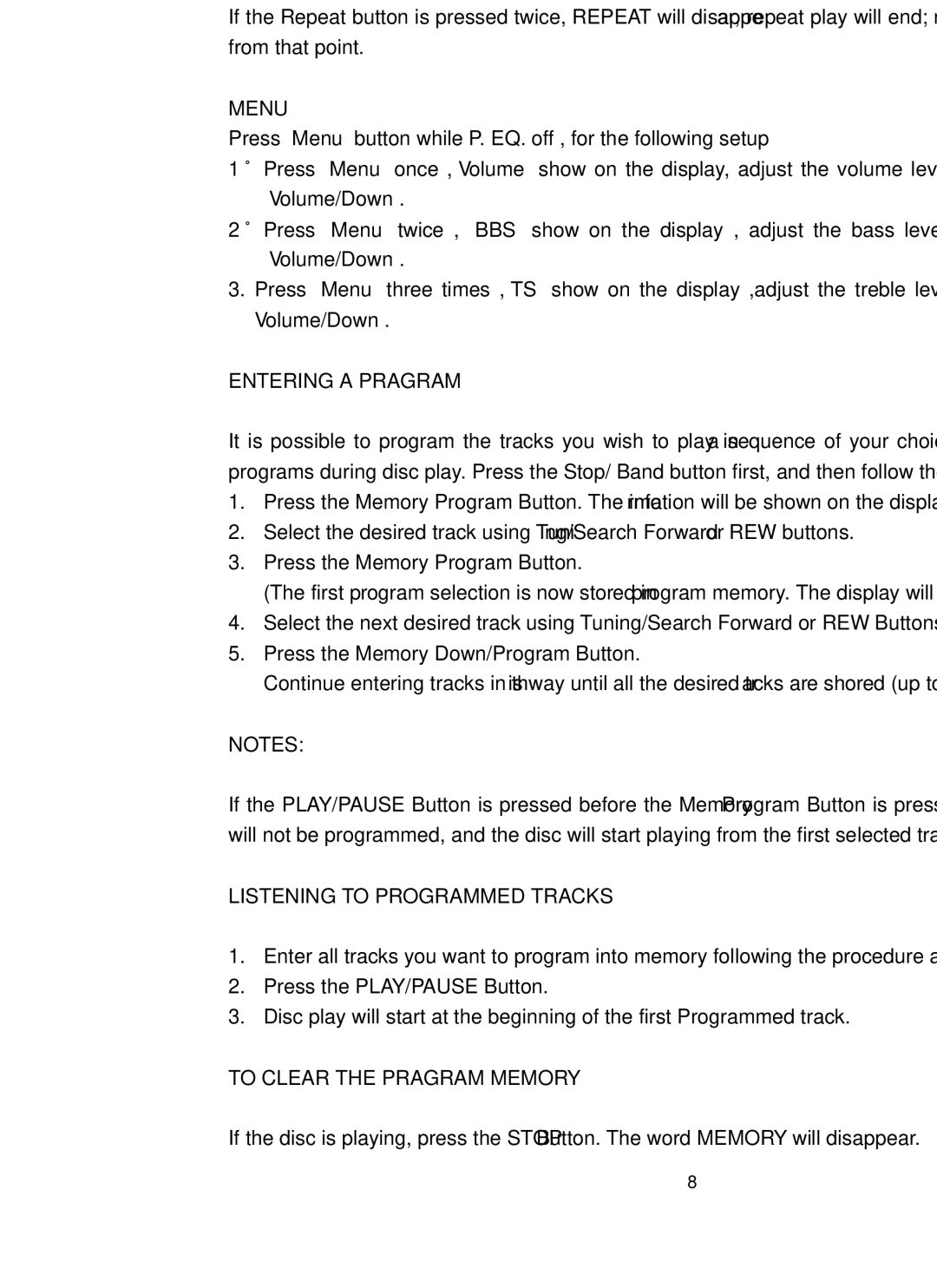 Sylvania SRCD909 For Repeat Disc Play of ONE of the Trcks, Menu, Entering a Pragram, Listening to Programmed Tracks 