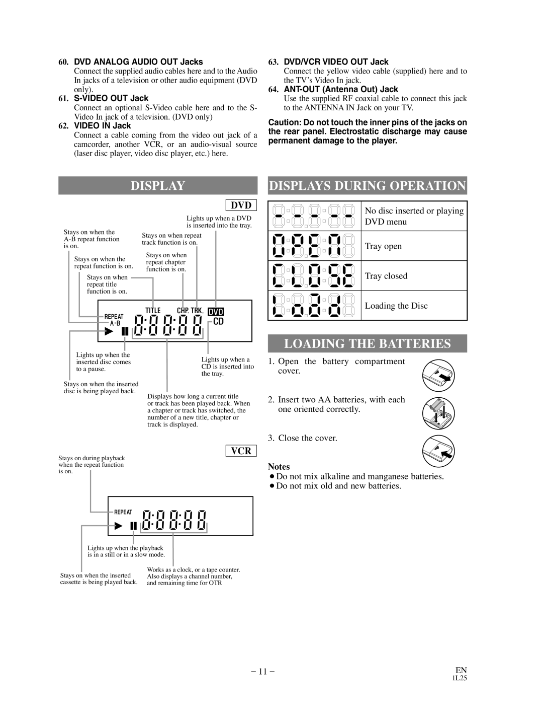 Sylvania SRD3900 owner manual Displays During Operation, Loading the Batteries 