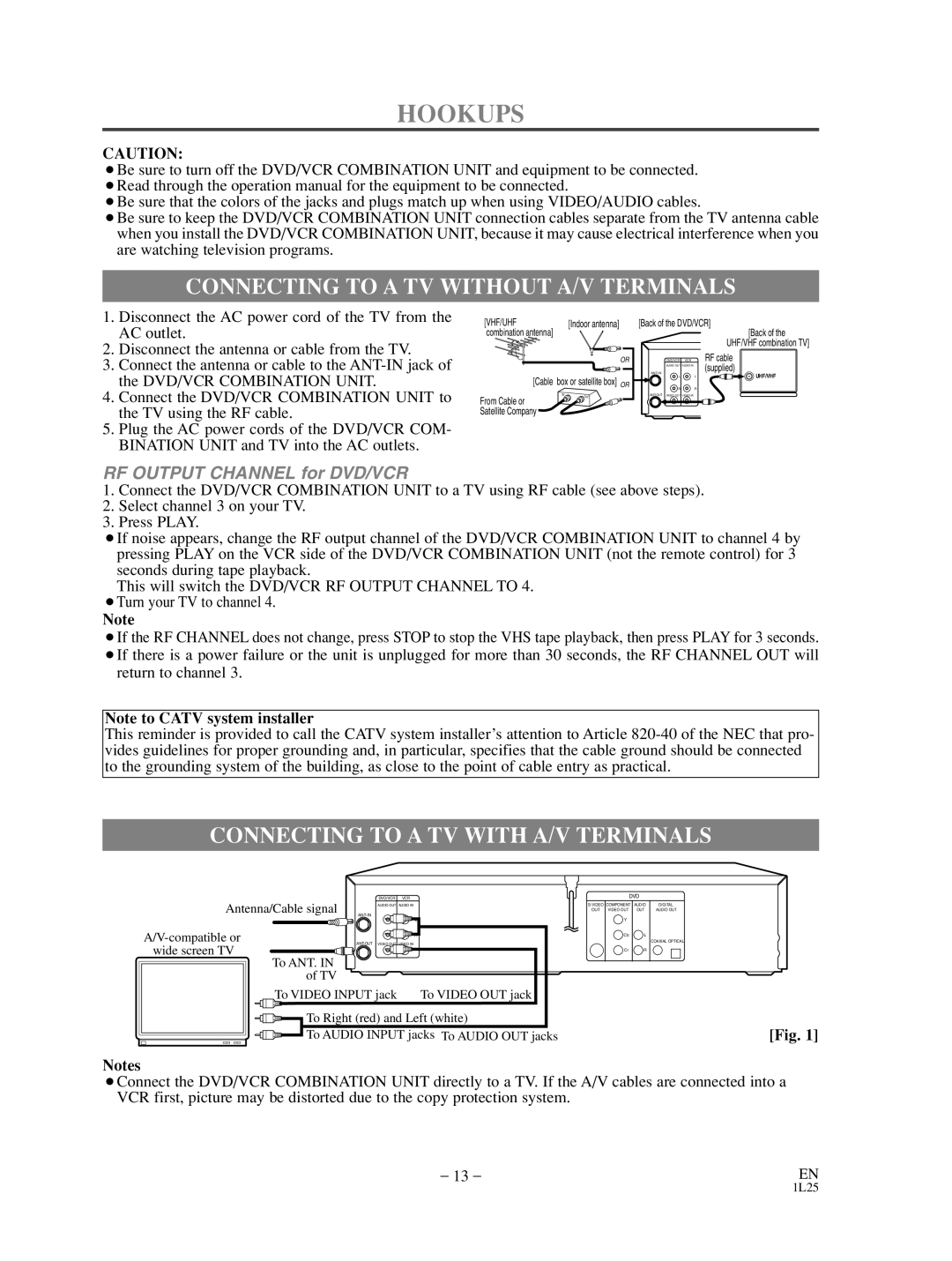 Sylvania SRD3900 owner manual Hookups, Connecting to a TV Without A/V Terminals, Connecting to a TV with A/V Terminals 