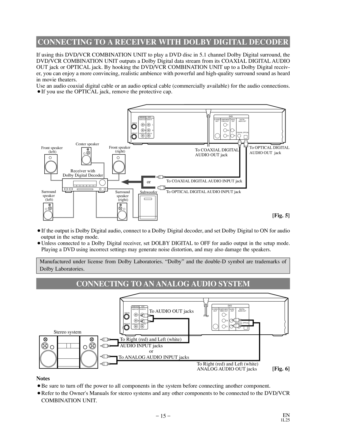 Sylvania SRD3900 owner manual Connecting to a Receiver with Dolby Digital Decoder, Connecting to AN Analog Audio System 