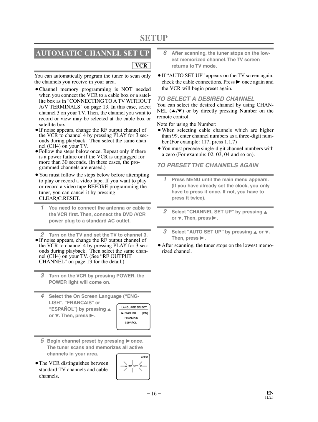 Sylvania SRD3900 owner manual Setup, Automatic Channel SET UP, To Select a Desired Channel, To Preset the Channels Again 