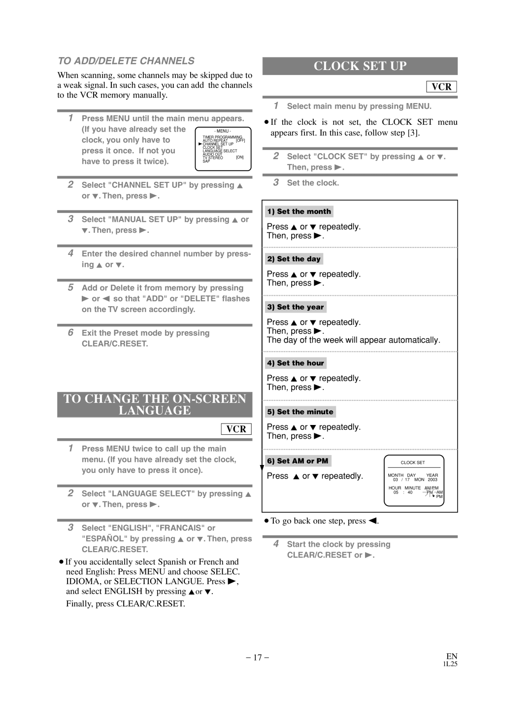 Sylvania SRD3900 owner manual Clock SET UP, To Change the ON-SCREEN Language, To ADD/DELETE Channels 