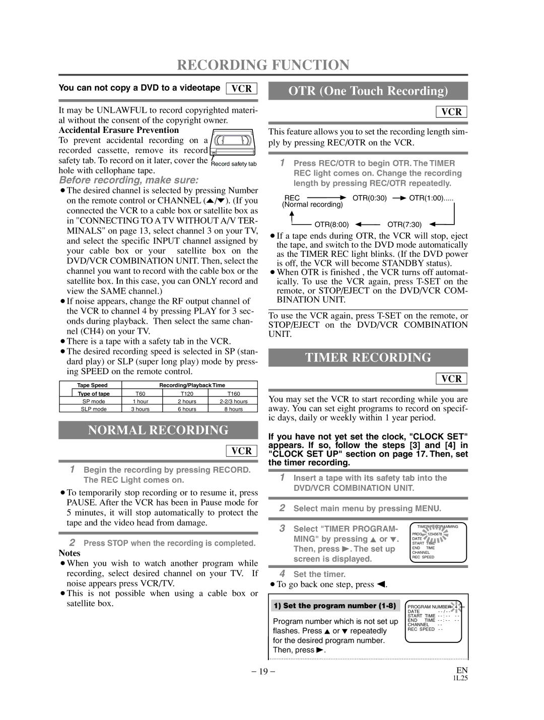 Sylvania SRD3900 Recording Function, Normal Recording, Timer Recording, You can not copy a DVD to a videotape VCR 