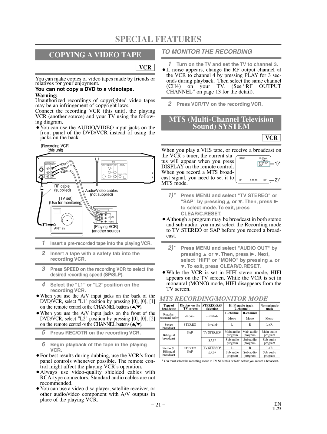 Sylvania SRD3900 Special Features, Copying a Video Tape, To Monitor the Recording, You can not copy a DVD to a videotape 