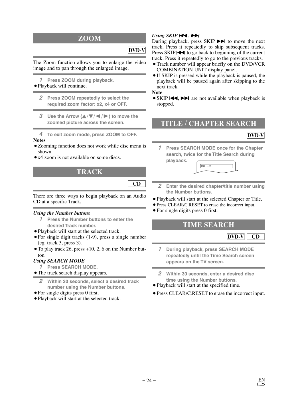 Sylvania SRD3900 owner manual Zoom, Track, Title / Chapter Search, Time Search 